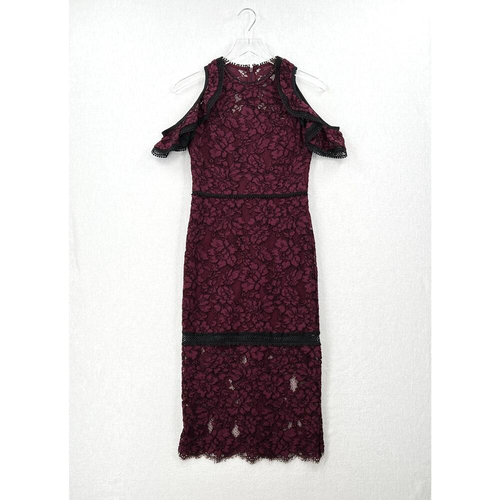 ALEXIS Evie Lace Midi Sheath Dress Womens Small Burgundy Crew Neck Cold Shoulder - Picture 5 of 16